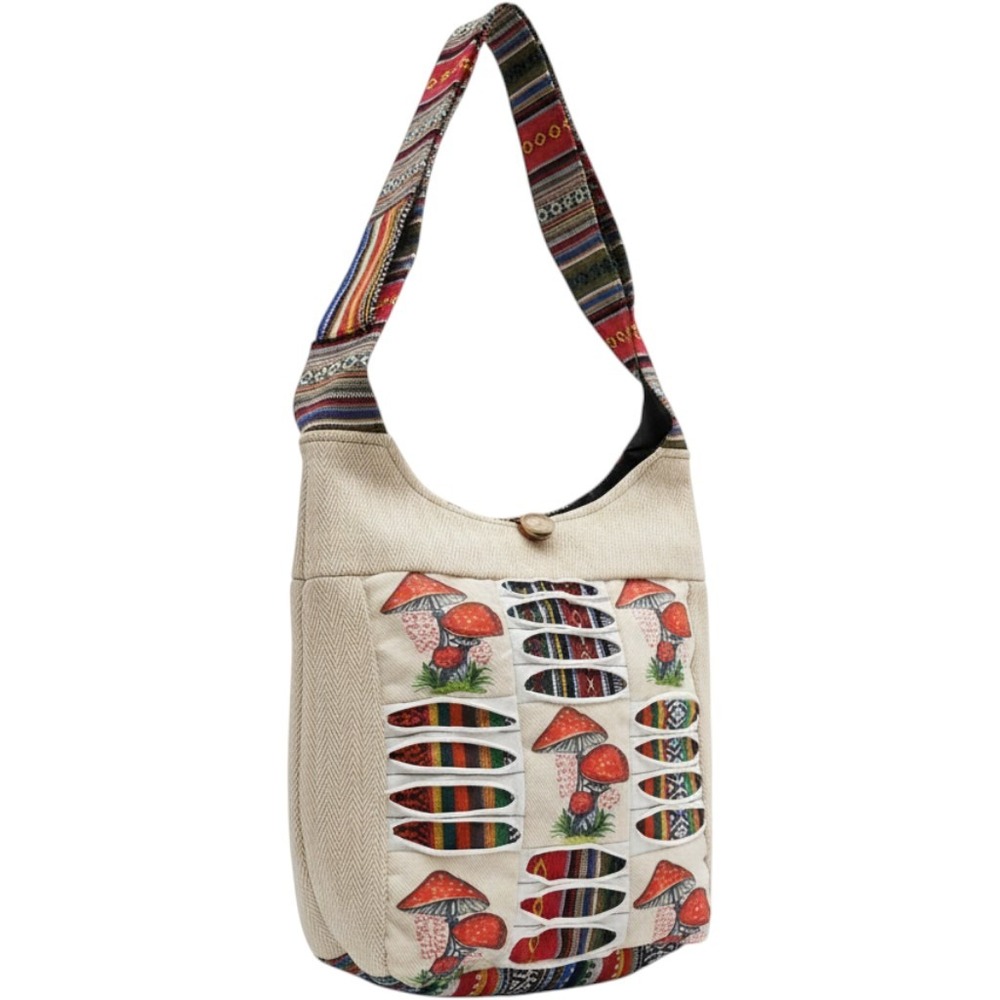 Rising International Mushroom Hobo Bag Women OS Beige Boho Cotton Slash Bag